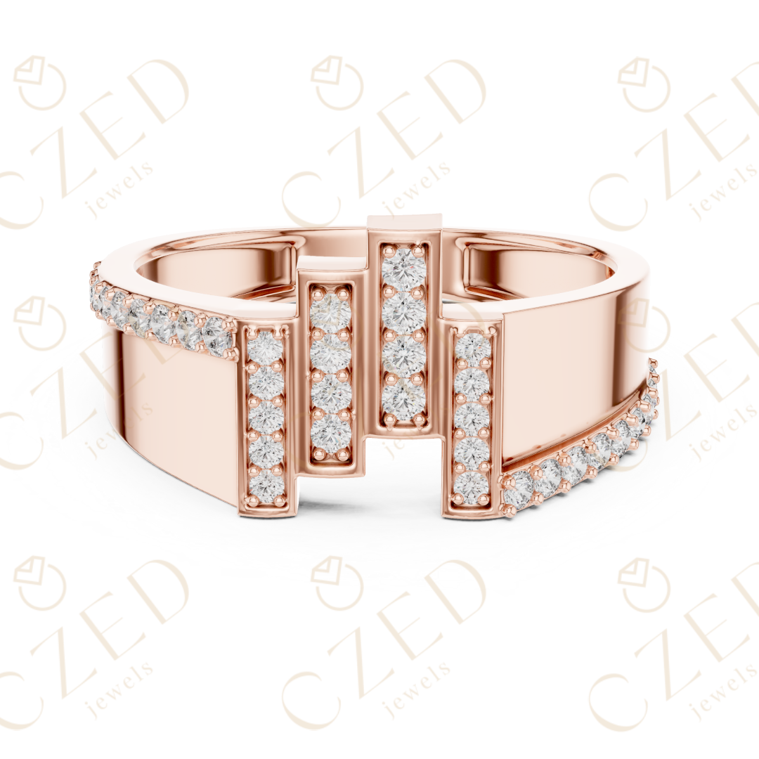 Round Brilliant Diamond Geometric Step Panel Band Ring