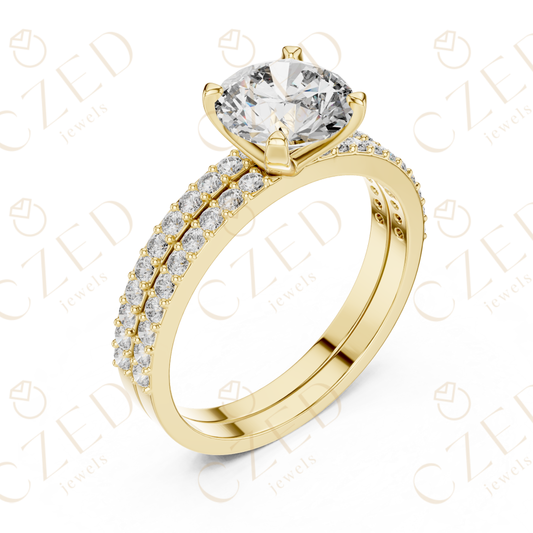 Round Brilliant Diamond Solitaire Ring with Double Row Pave Band