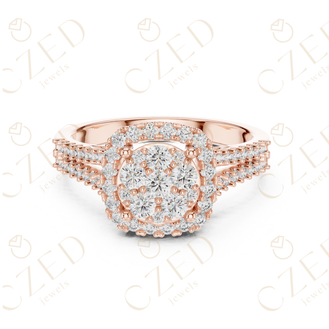Round Diamond Cluster Halo Ring with Split Shoulder Detailing
