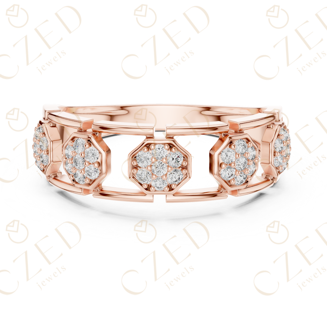 Round Cut Diamond Pavé Hexagon Panel Men’s Band with Openwork Links