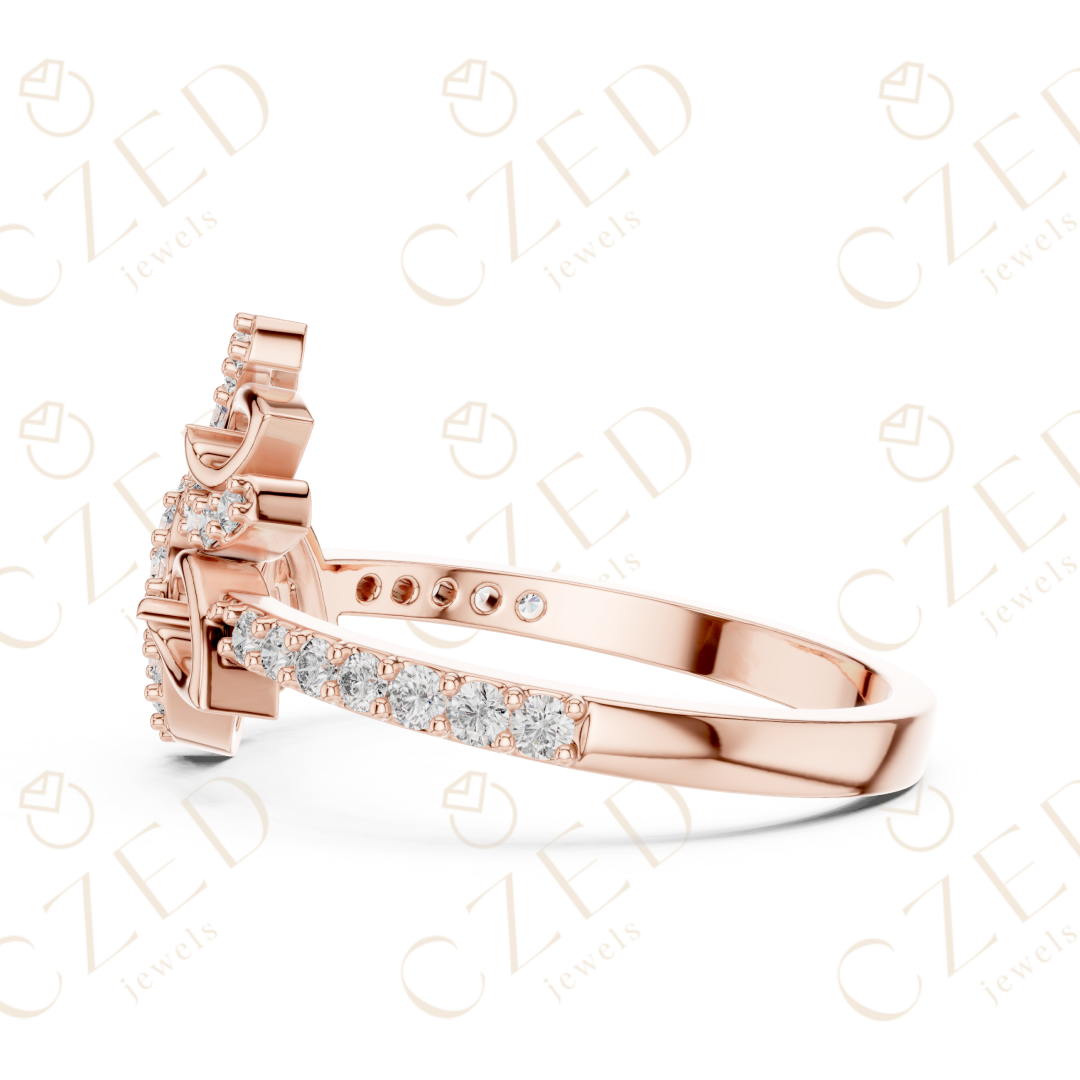 Round Cut Diamond Floral Leaf Halo Ring