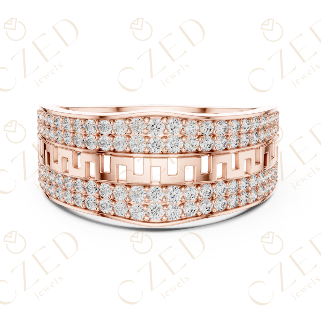 Round Cut Diamond Pavé Panel Men’s Band with Greek Key Openwork