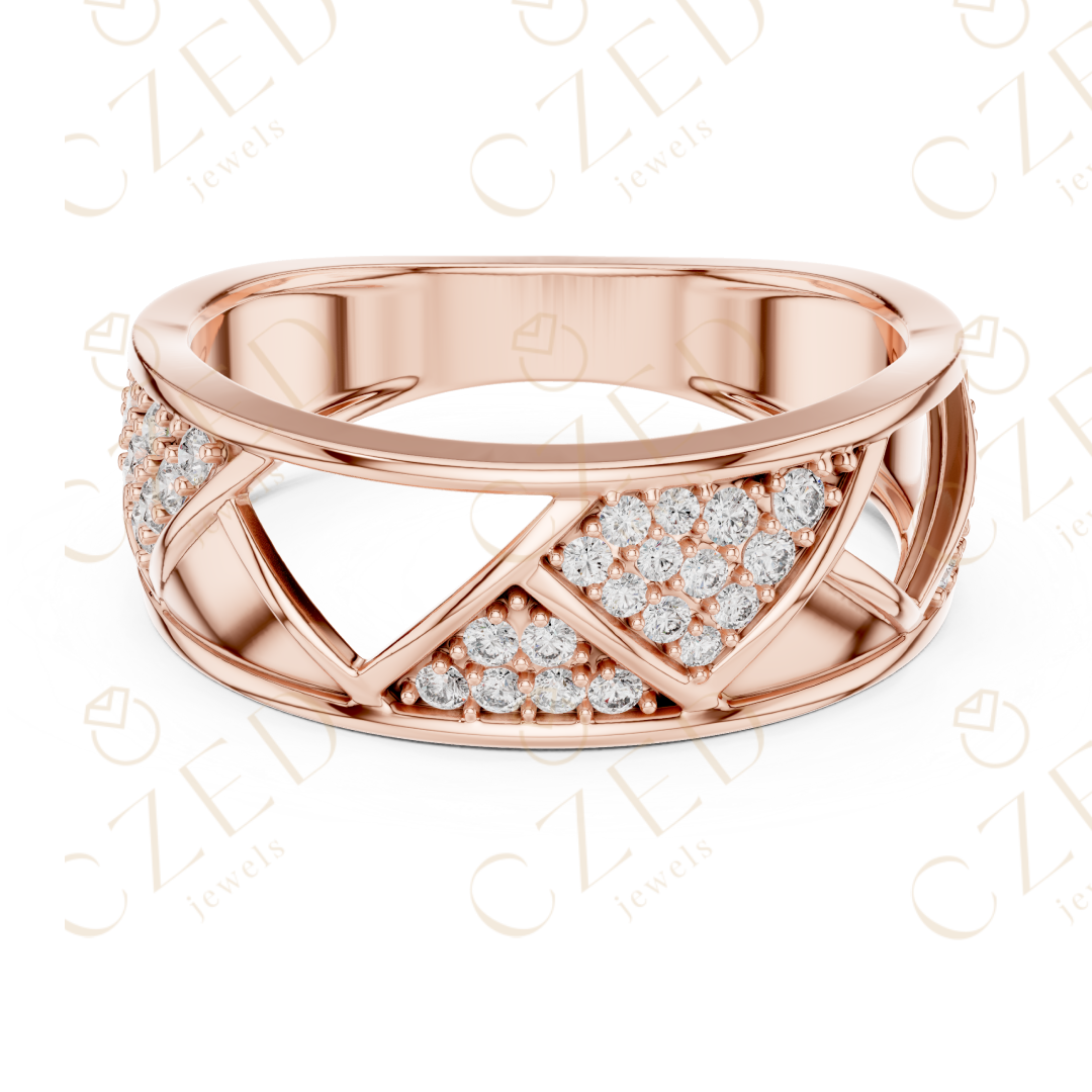 Round Cut Diamond Geometric Cross Band Ring