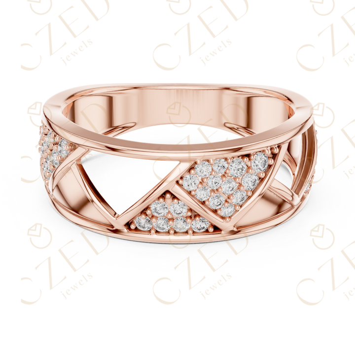 Round Cut Diamond Geometric Cross Band Ring