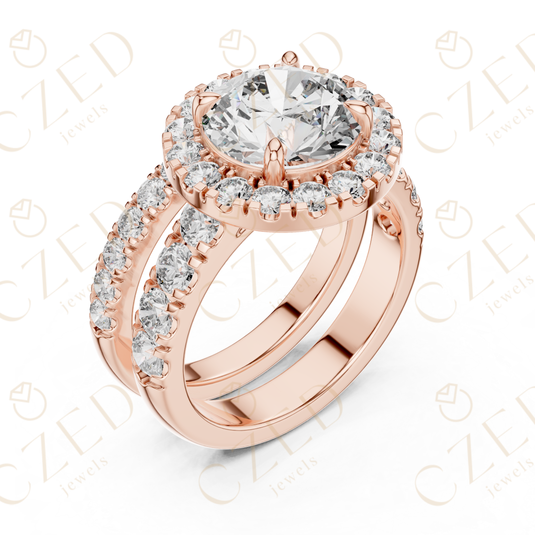 Round Brilliant Diamond Halo Ring with Double Row Pave Band and Matching Band
