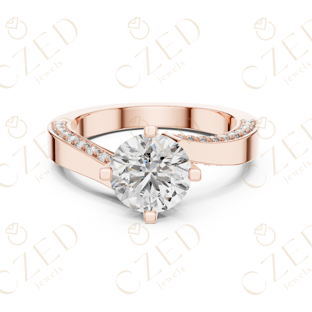 Round Brilliant Solitaire Diamond Ring with Twisted Pavé Accents