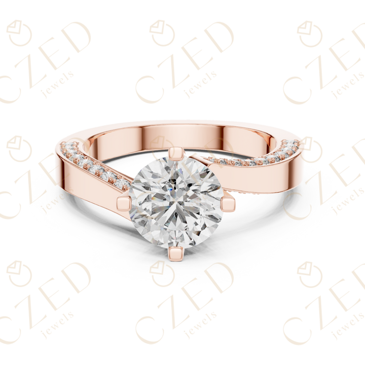 Round Brilliant Solitaire Diamond Ring with Twisted Pavé Accents