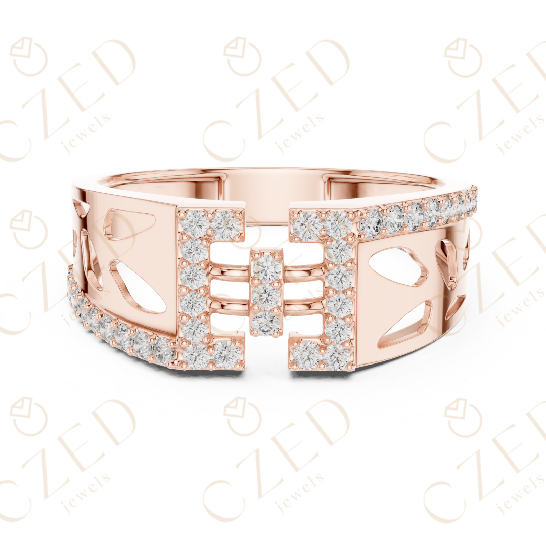 Round Cut Diamond Geometric Open Panel Band Ring