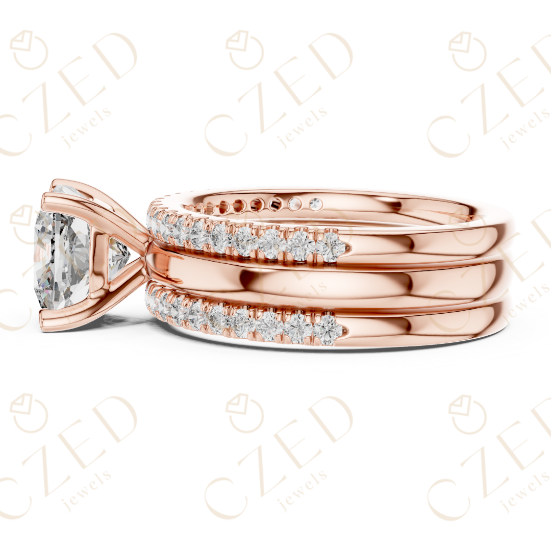 Cushion Cut Diamond Solitaire Ring with Pavé Band Stack