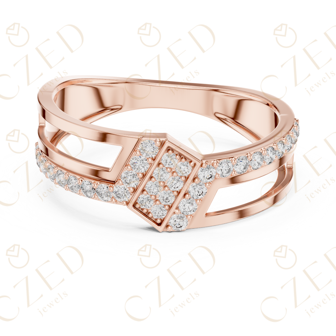 Round Cut Diamond Geometric Panel Band with Pavé Accents