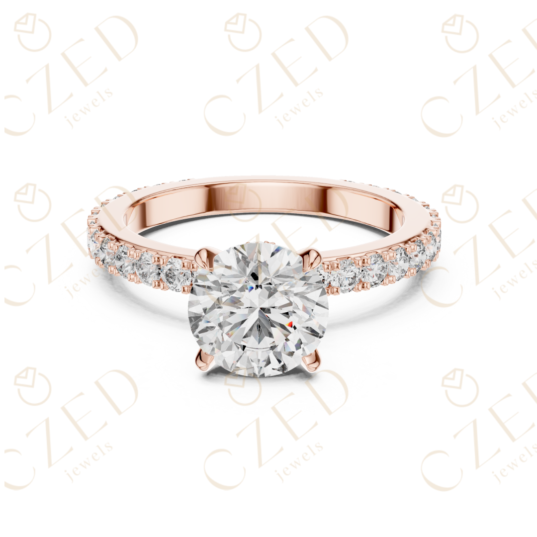 Round Cut Diamond Solitaire Ring with Pavé Side Stones