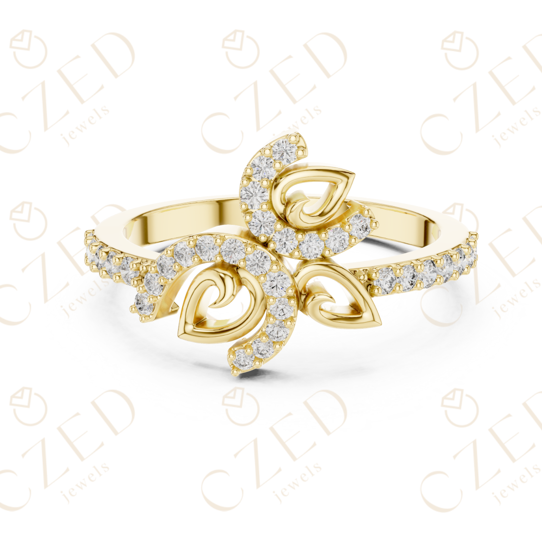 Round Cut Diamond Floral Leaf Halo Ring