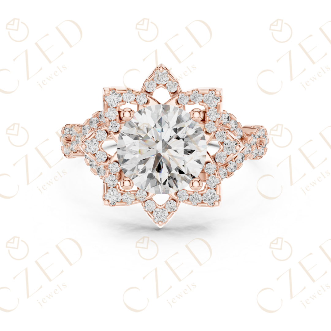 Round Cut Floral Halo Diamond Engagement Ring