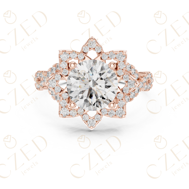 Round Cut Floral Halo Diamond Engagement Ring