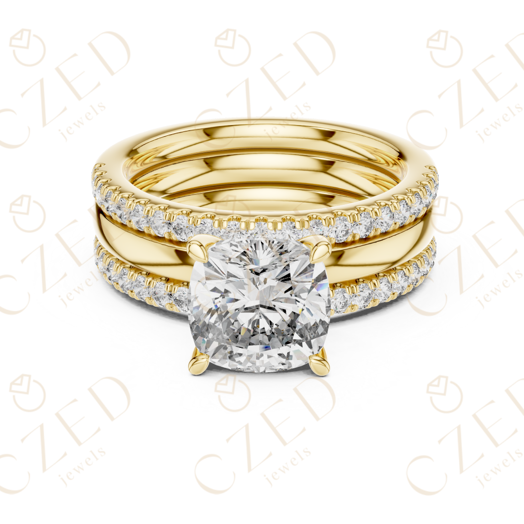 Cushion Cut Diamond Solitaire Ring with Pavé Band Stack