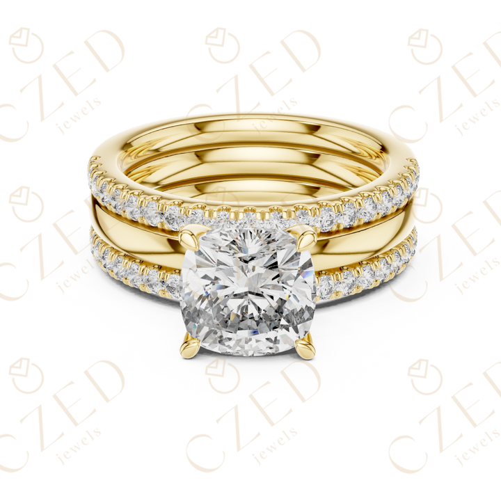 Cushion Cut Diamond Solitaire Ring with Pavé Band Stack