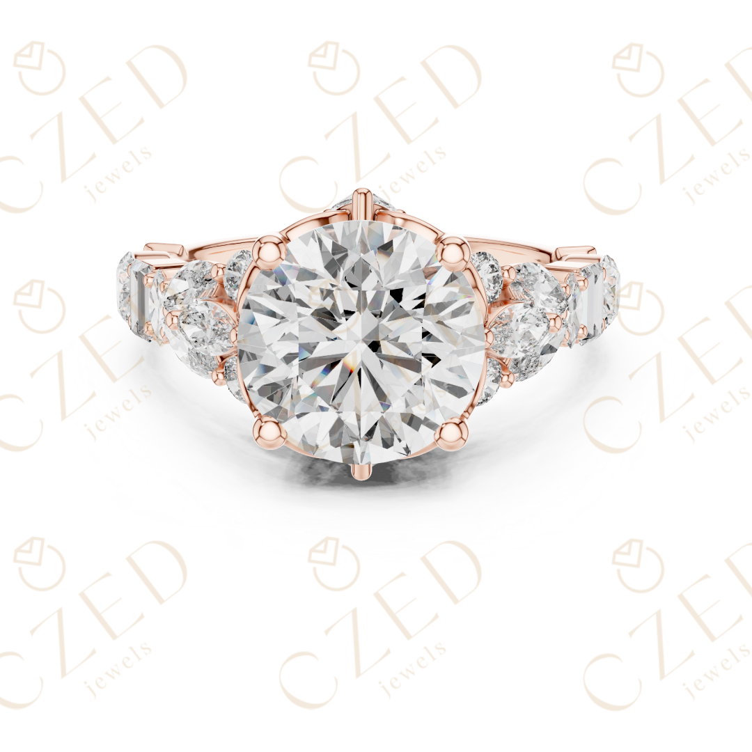 Round Cut Diamond Engagement Ring with Mixed Shape Side Stones