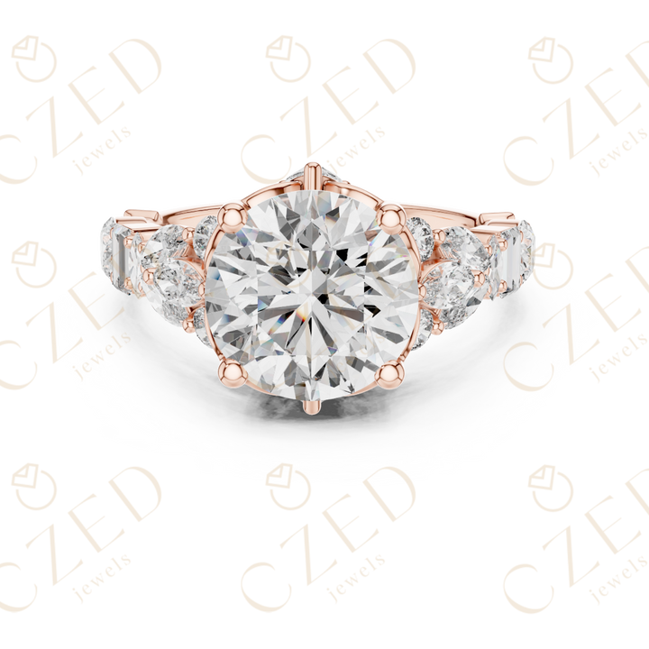 Round Cut Diamond Engagement Ring with Mixed Shape Side Stones